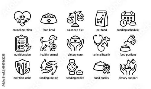 Animal nutrition icons illustrating pet feeding schedule and health care