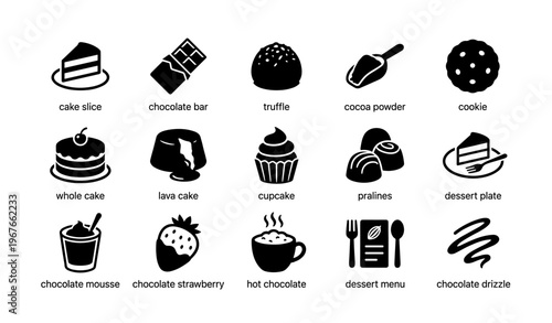 Dessert icons: cake, chocolate, truffle, cookie, pralines, cupcake, mousse, lava cake