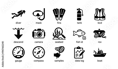 Scuba diving equipment and marine research icons in bold black and white