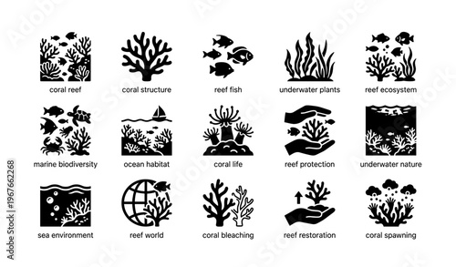 Black and white marine conservation icons - coral reef, fish, plants, restoration
