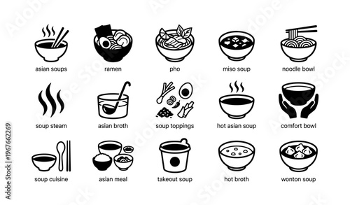 Various asian soups and ingredients icon set