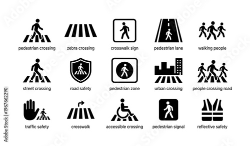 Pedestrian crossing safety icons set with signage and accessibility symbols