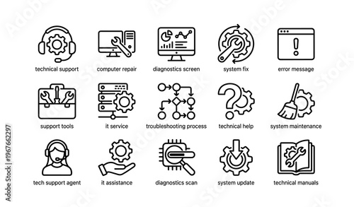 Technical support icons for computer repair and maintenance solutions