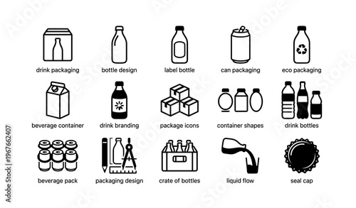 Various beverage packaging icons including bottles, cans, and crates in black and white design