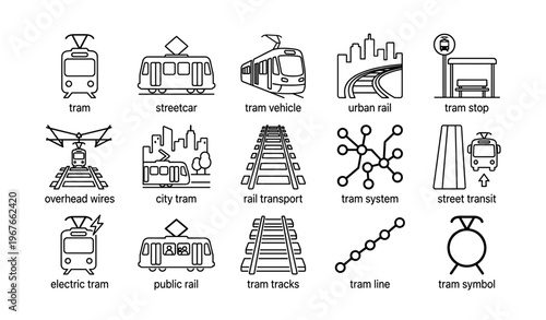 Tram icons set: streetcar, urban rail, transit system, public transport
