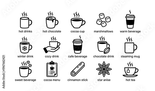 Hot drinks icons: cocoa, coffee, marshmallows, cinnamon, star anise
