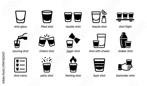 Variety of shot glass icons: double, tequila, flaming, layer, party, and more