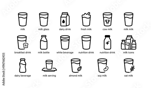 Various milk and drink icons: glasses, bottles, dairy, soy, almond, oat