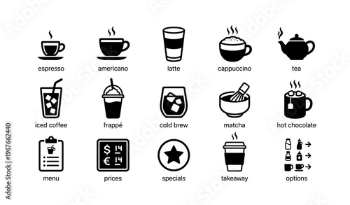 Coffee and tea menu icons featuring espresso, tea, matcha, and prices
