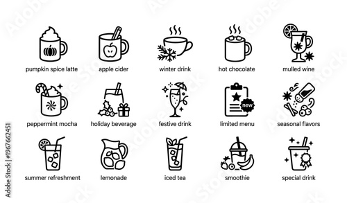 Variety of seasonal and refreshing beverages in icon set