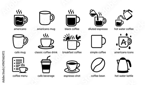 Coffee icons set: americano, espresso, hot water, cafe drinks, kettle