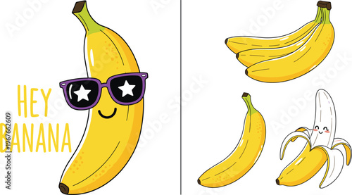 Cute banana character illustration with sunglasses and fruit variations playful tropical vector design set