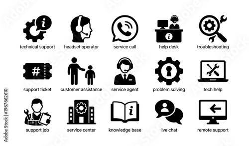 Technical support icons: help desk, customer service, troubleshooting, assistance