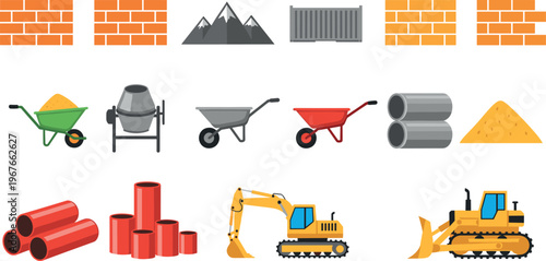 Construction materials and equipment icon set including bricks pipes sand excavator bulldozer wheelbarrow cement mixer flat vector illustration industrial building collection