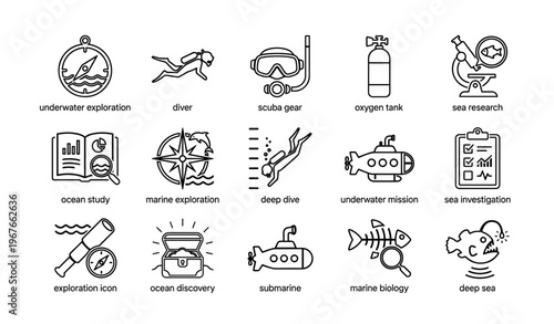 Underwater exploration icons featuring scuba gear, marine biology, and ocean discovery