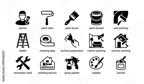 House painting tools and services icons set for interior and exterior renovation projects