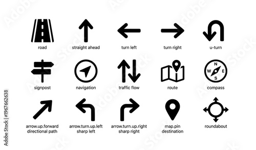 Set of black navigation icons including arrows, compass, and road signs
