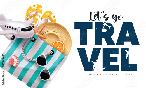 Let's Go Travel Summer Vacation Vector Banner with Beach Bag Summer Hat and Airplane