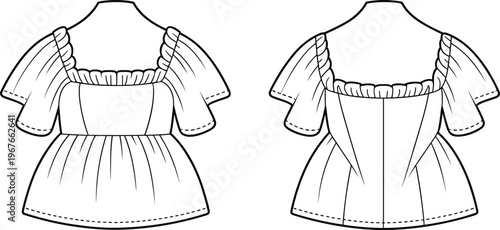 Flat vector puff sleeve blouse fashion sketch square neckline gathered bodice illustration