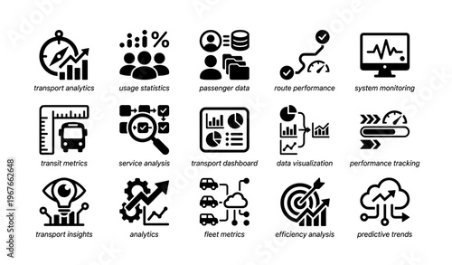 Transport analytics and usage statistics icons for data visualization and performance tracking
