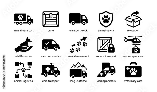 Animal transport icons: trucks, safety, rescue, veterinary, logistics