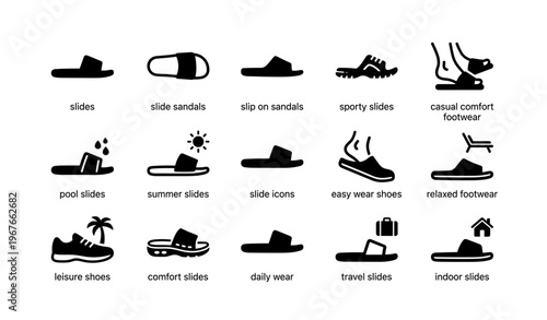 Various types of slides and sandals icons set for casual footwear