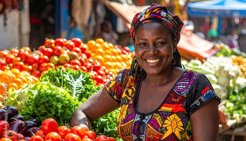 Smiling African Woman Selling Fresh Produce at a Vibrant Outdoor Market.