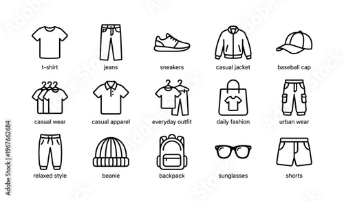 Casual wear icons: t-shirt, jeans, sneakers, jacket, cap, fashion essentials