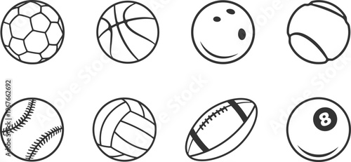 Sports ball icon set, Sports ball outline, American football, soccer ball, baseball, billiard, basketball, bowling, volleyball and tennis ball outline vectors bundle.