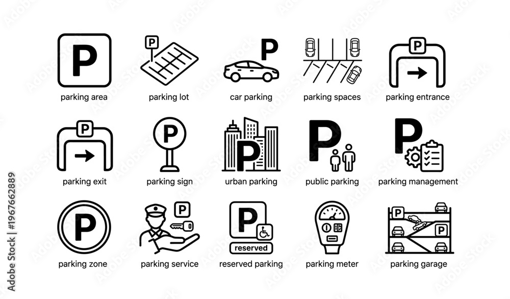 Fototapeta premium Icon set of parking symbols including lot, spaces, entrance, exit, and management