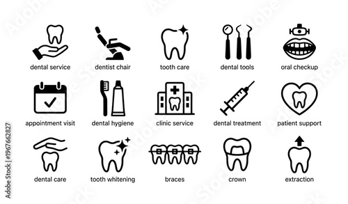 Dental icons set featuring tooth care, clinic services, tools, and treatments