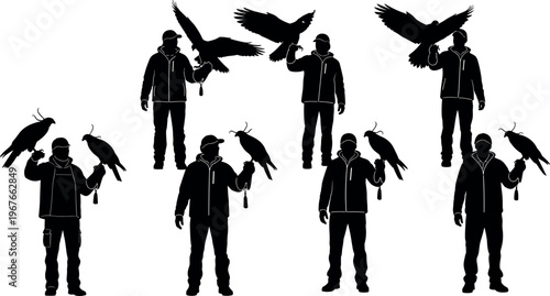 Falconer silhouette set showing man holding trained birds of prey hawk eagle falcon isolated collection wildlife hunting training black vector illustration realistic detailed