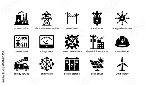 Energy icons set: power station, electricity transmission, control panel, solar and wind energy