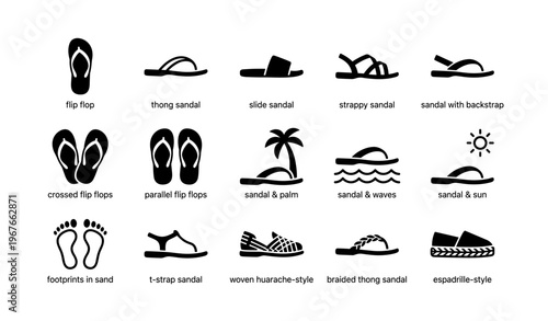 Variety of sandals and footprints in sand icon set