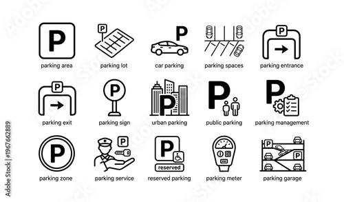 Icon set of parking symbols including lot, spaces, entrance, exit, and management