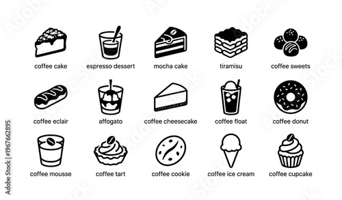 Assorted coffee and dessert icons: cake, cheesecake, cupcake, sweets, and ice cream