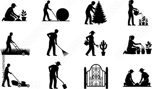 Gardening activity silhouettes set showing people planting watering mowing raking and landscaping outdoor garden work vector illustration collection isolated black design