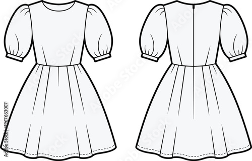 Flat vector puff sleeve dress fashion sketch fitted bodice flared skirt illustration