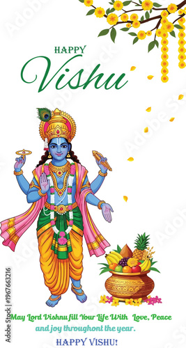 Happy vishu greeting card with lord vishnu and traditional vishukkani