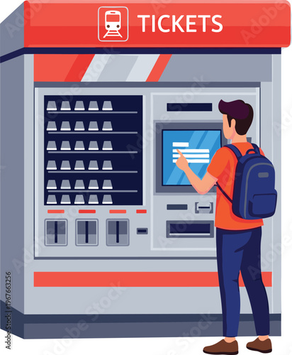 Man using ticket vending machine at station, self service kiosk purchase, public transport payment system, modern travel technology, urban commuter illustration