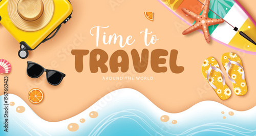 Time to Travel Summer Vacation Vector Banner with Yellow Suitcase Summer Hat and Beach Accessories