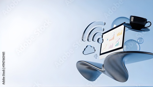 Abstract 3D Digital Workspace Concept with Floating Computer Monitor, Financial Charts, WiFi Icon, and Coffee Cup on Blue Background
