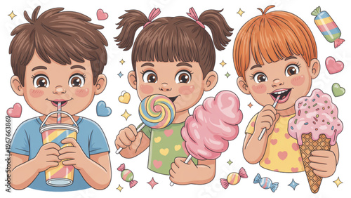 Assorted colorful desserts including ice cream, cakes, and pastries Vector