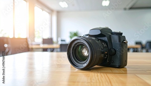 Close up of digital single lens reflex camera with lens on light wooden table indoors with blurred office background and natural lighting