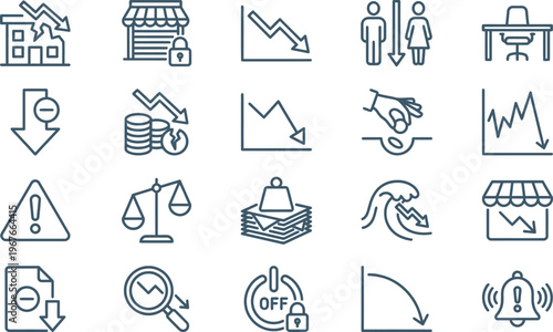 Essential linear icons representing a wide range of business decline, financial loss, and economic warnings.