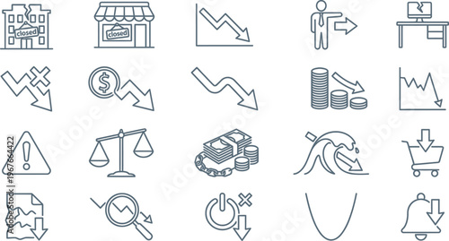 A comprehensive set of line icons depicting economic recession, business failure, market decline, and financial crisis warnings.