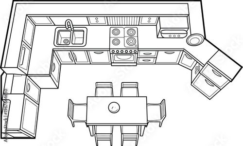Flat vector kitchen dining interior floor plan top view schematic