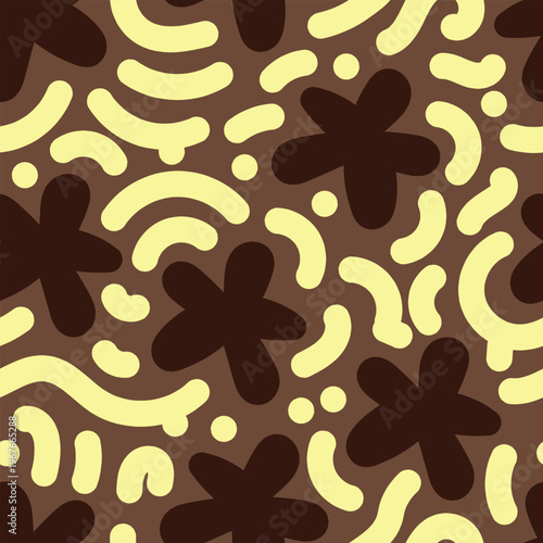 Seamless brown themed star pattern with abstract doodles. Warm decorative repeat design ideal for fabric prints, packaging, stationery, and modern branding.