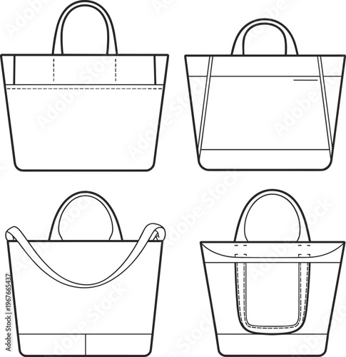 Flat vector tote bag technical illustration pocket strap reinforced stitching design