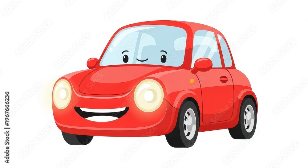 Fototapeta premium Red smiling car character is depicted in a cheerful cartoon style.